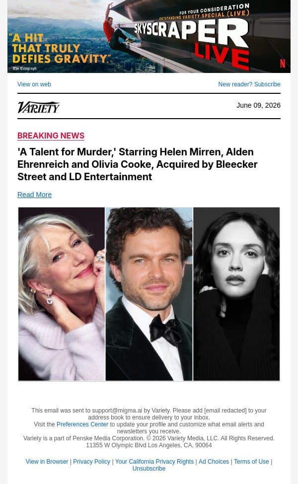 'A Talent for Murder,' Starring Helen Mirren, Alden Ehrenreich and Olivia Cooke, Acquired by Bleecker Street and LD Entertainment email from Variety screenshot