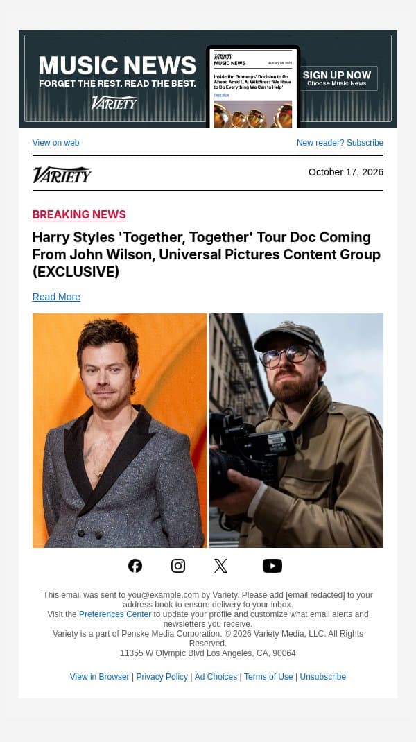 Harry Styles 'Together, Together' Tour Doc Coming From John Wilson, Universal Pictures Content Group (EXCLUSIVE) email from Variety screenshot