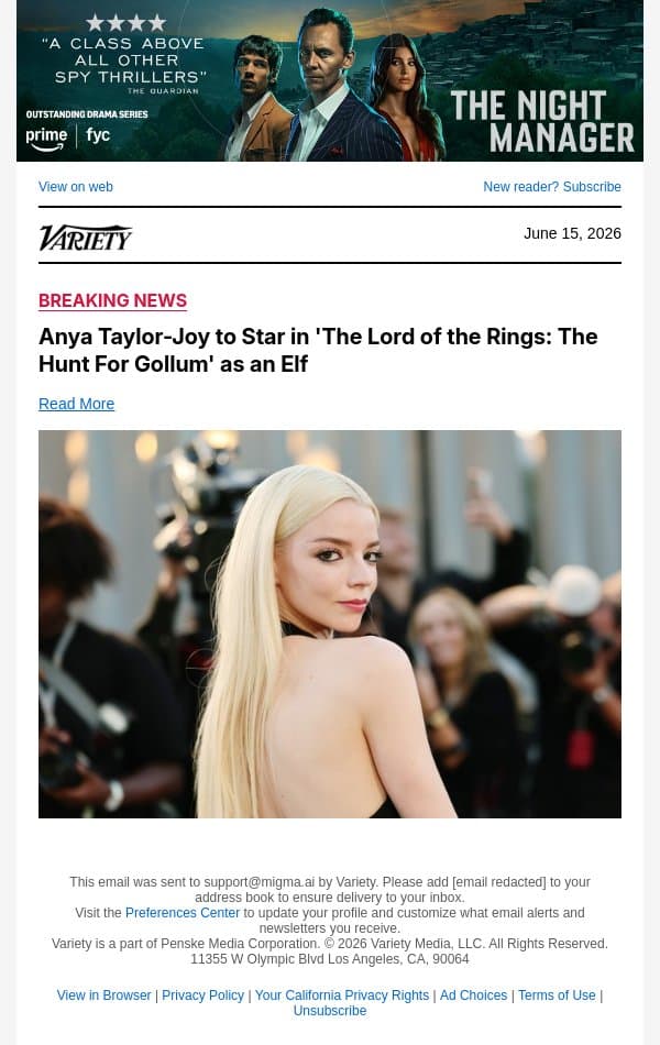 Anya Taylor-Joy to Star in 'The Lord of the Rings: The Hunt For Gollum' as an Elf email from Variety screenshot