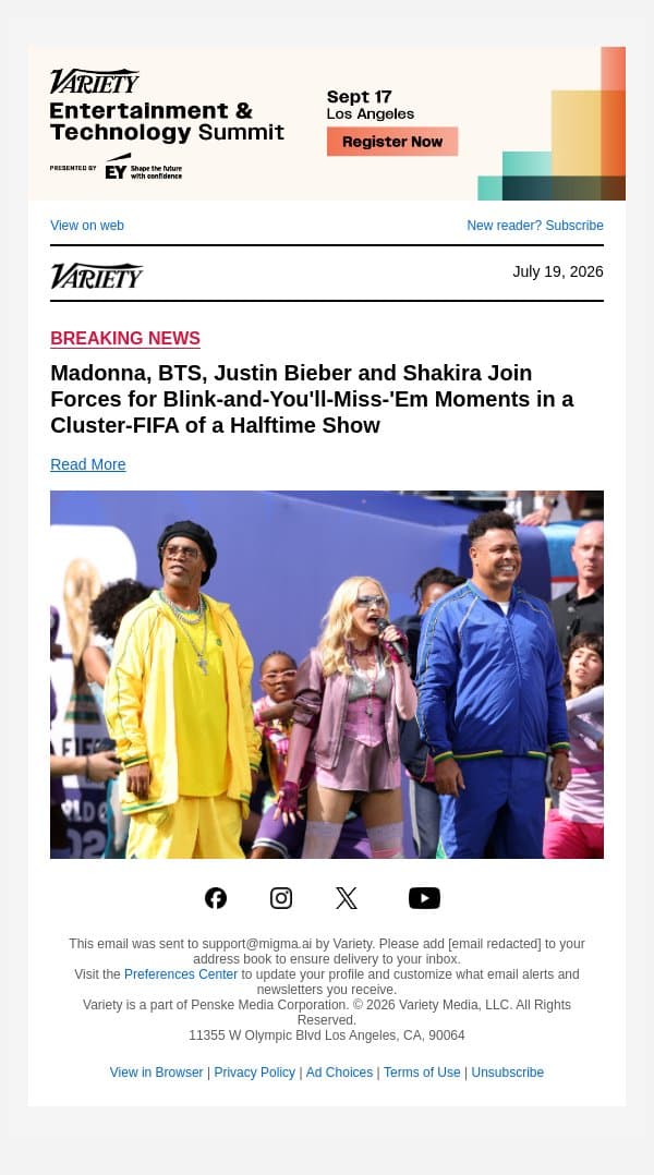Madonna, BTS, Justin Bieber and Shakira Join Forces for Blink-and-You'll-Miss-'Em Moments in a Cluster-FIFA of a Halftime Show email from Variety screenshot