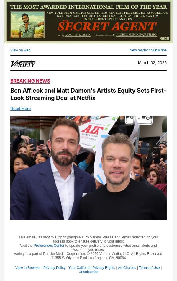 Ben Affleck and Matt Damon's Artists Equity Sets First-Look Streaming Deal at Netflix email from Variety screenshot