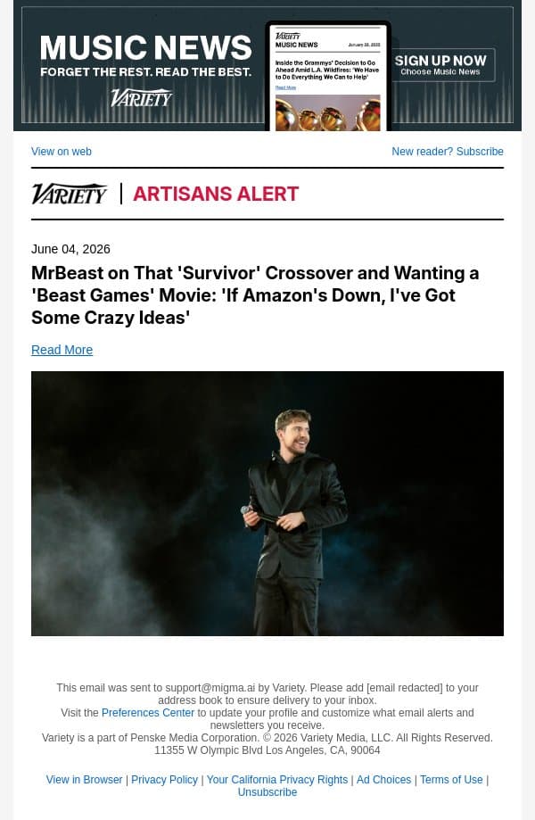 MrBeast on That 'Survivor' Crossover and Wanting a 'Beast Games' Movie: 'If Amazon's Down, I've Got Some Crazy Ideas' email from Variety screenshot