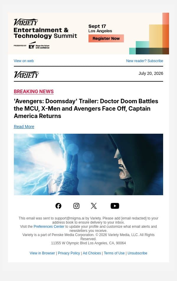 'Avengers: Doomsday' Trailer: Doctor Doom Battles the MCU, X-Men and Avengers Face Off, Captain America Returns email from Variety screenshot