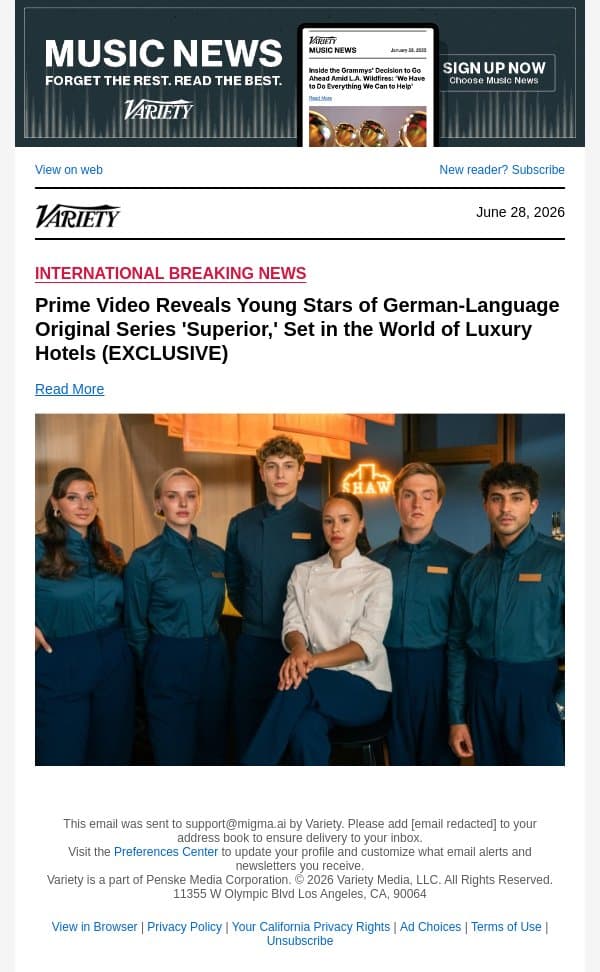 Prime Video Reveals Young Stars of German-Language Original Series 'Superior,' Set in the World of Luxury Hotels (EXCLUSIVE) email from Variety screenshot