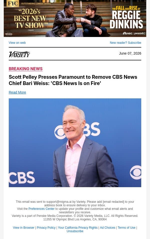 Scott Pelley Presses Paramount to Remove CBS News Chief Bari Weiss: 'CBS News Is on Fire' email from Variety screenshot
