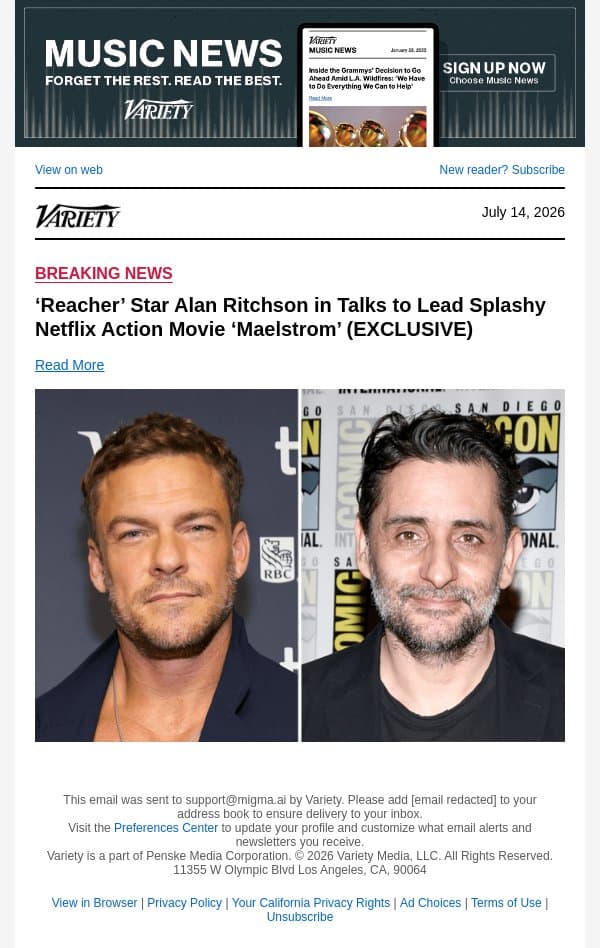 ‘Reacher’ Star Alan Ritchson in Talks to Lead Splashy Netflix Action Movie ‘Maelstrom’ (EXCLUSIVE) email from Variety screenshot