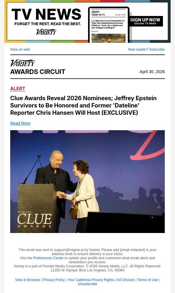 Clue Awards Reveal 2026 Nominees; Jeffrey Epstein Survivors to Be Honored and Former 'Dateline' Reporter Chris Hansen Will Host (EXCLUSIVE) email from Variety screenshot