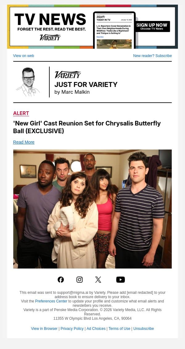'New Girl' Cast Reunion Set for Chrysalis Butterfly Ball (EXCLUSIVE) email from Variety screenshot