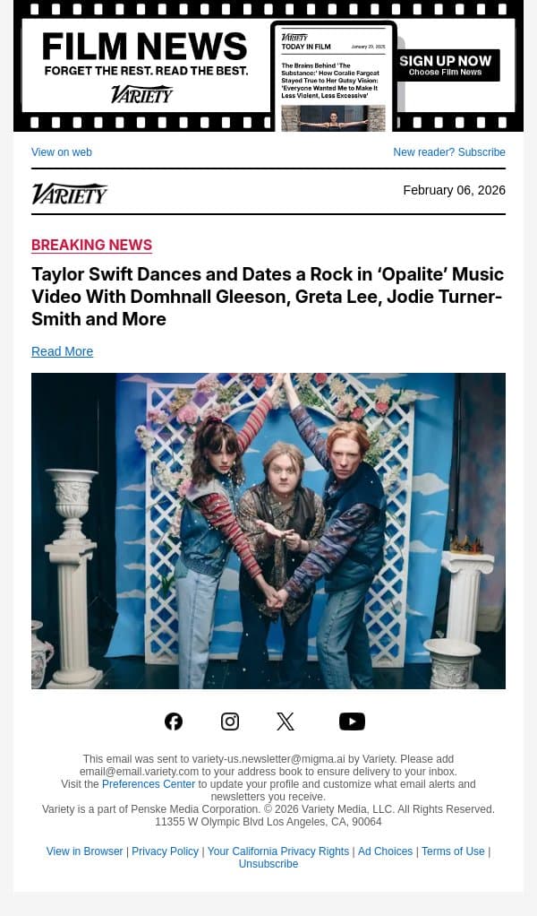Taylor Swift Dances and Dates a Rock in ‘Opalite’ Music Video With Domhnall Gleeson, Greta Lee, Jodie Turner-Smith and More email from Variety screenshot