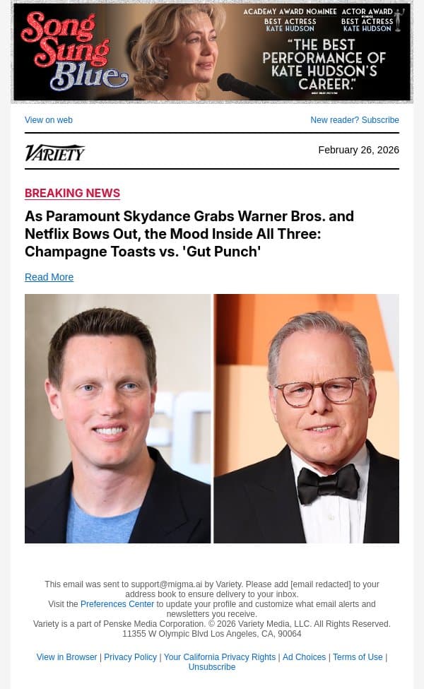 As Paramount Skydance Grabs Warner Bros. and Netflix Bows Out, the Mood Inside All Three: Champagne Toasts vs. 'Gut Punch' email from Variety screenshot