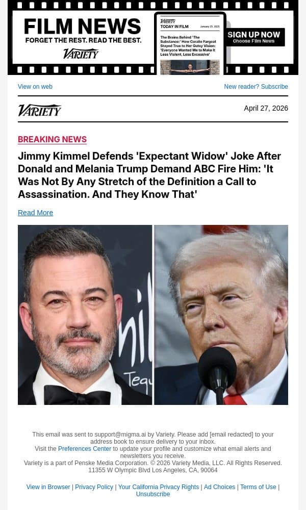 Jimmy Kimmel Defends 'Expectant Widow' Joke After Donald and Melania Trump Demand ABC Fire Him: 'It Was Not By Any Stretch of the Definition a Call to Assassination. And They Know That' email from Variety screenshot
