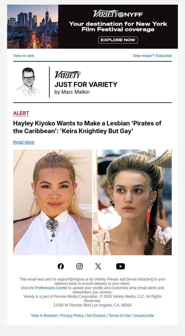Hayley Kiyoko Wants to Make a Lesbian 'Pirates of the Caribbean': 'Keira Knightley But Gay' email from Variety screenshot