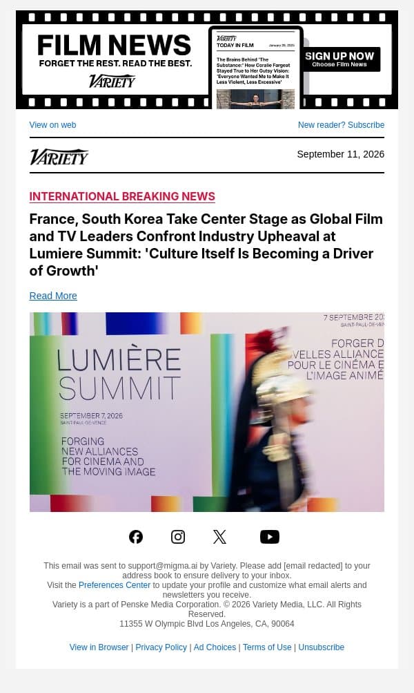 France, South Korea Take Center Stage as Global Film and TV Leaders Confront Industry Upheaval at Lumiere Summit: 'Culture Itself Is Becoming a Driver of Growth' email from Variety screenshot