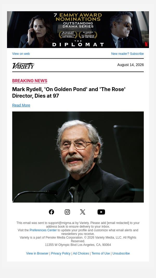 Mark Rydell, 'On Golden Pond' and 'The Rose' Director, Dies at 97 email from Variety screenshot