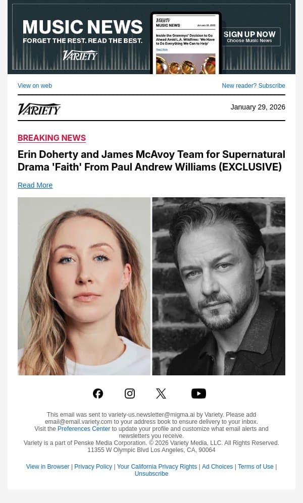 Erin Doherty and James McAvoy Team for Supernatural Drama 'Faith' From Paul Andrew Williams (EXCLUSIVE) email from Variety screenshot