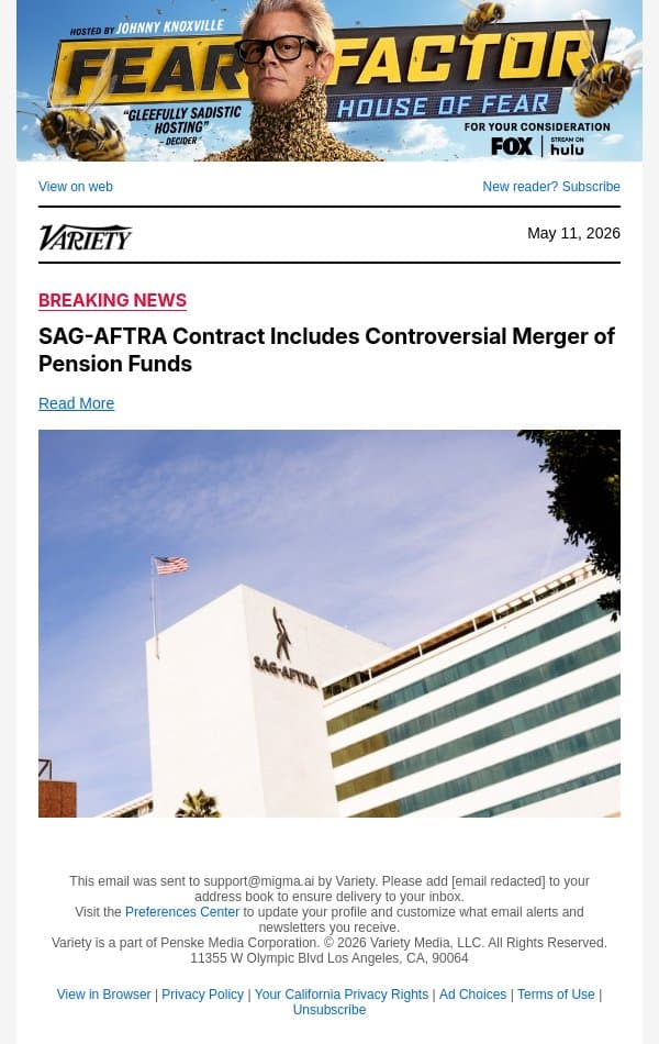 SAG-AFTRA Contract Includes Controversial Merger of Pension Funds email from Variety screenshot