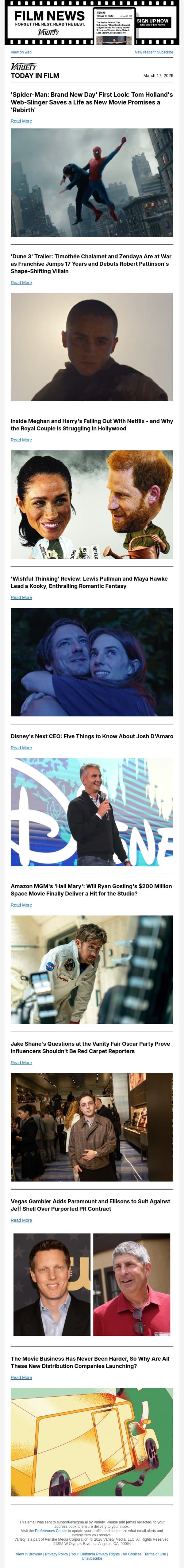 'Spider-Man' First Look; 'Dune 3' Trailer; The Royal Falling Out With Netflix email from Variety screenshot