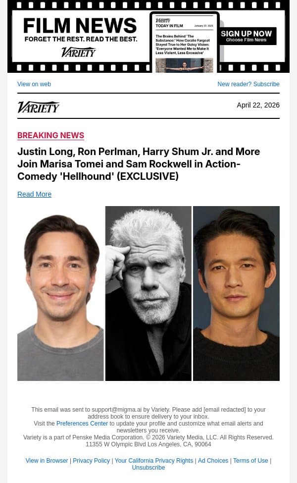 Justin Long, Ron Perlman, Harry Shum Jr. and More Join Marisa Tomei and Sam Rockwell in Action-Comedy 'Hellhound' (EXCLUSIVE) email from Variety screenshot