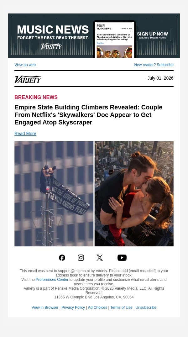 Empire State Building Climbers Revealed: Couple From Netflix's 'Skywalkers' Doc Appear to Get Engaged Atop Skyscraper email from Variety screenshot