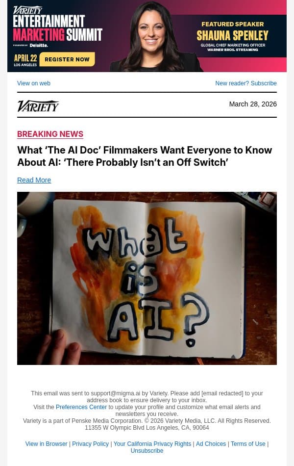What ‘The AI Doc’ Filmmakers Want Everyone to Know About AI: ‘There Probably Isn’t an Off Switch’ email from Variety screenshot