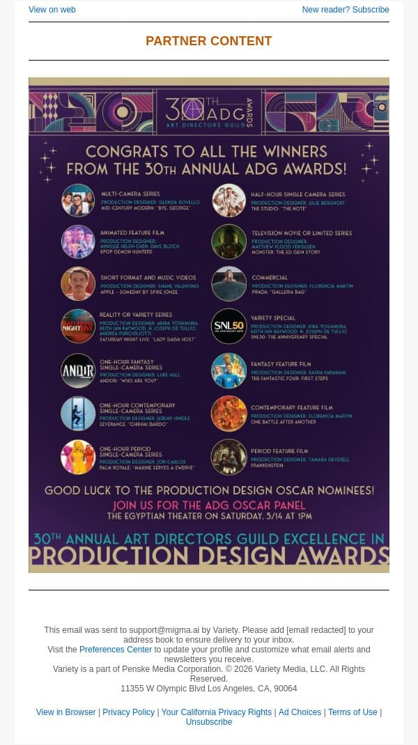 Congrats to all the 30th Annual ADG Awards Winners! email from Variety screenshot