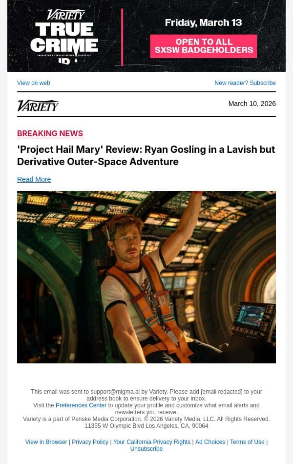 'Project Hail Mary' Review: Ryan Gosling in a Lavish but Derivative Outer-Space Adventure email from Variety screenshot