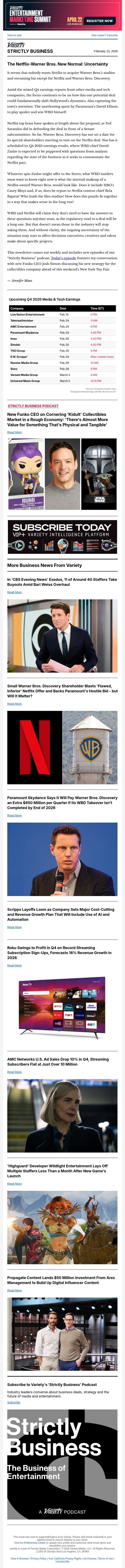Strictly Business Newsletter & Podcast: Netflix's WBD Uncertainty; How New Funko CEO Will Make Biz Pop; CBS News' Troubles Mount; and More email from Variety screenshot