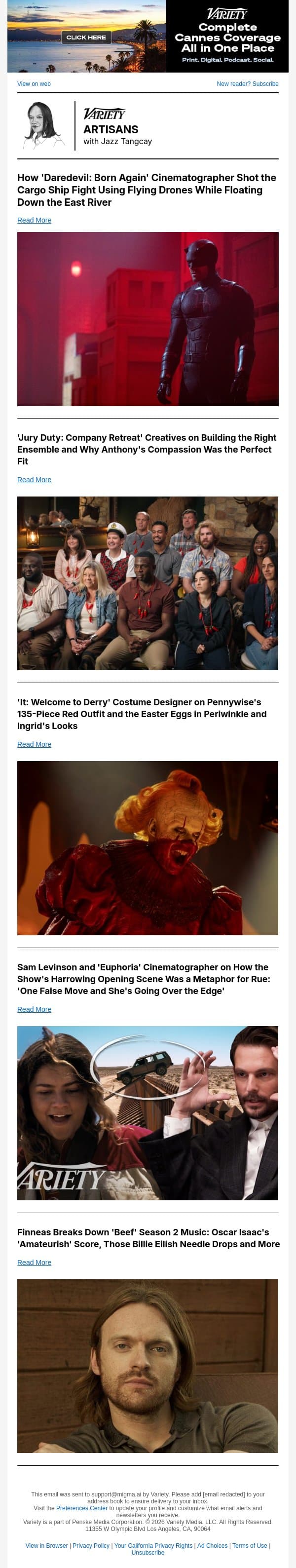 How 'Daredevil: Born Again' Pulled Off Its Oner Scene; Inside 'Jury Duty's' Casting Process; Crafting Pennywise's Costume for 'Welcome to Derry email from Variety screenshot