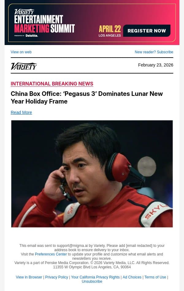 China Box Office: ‘Pegasus 3’ Dominates Lunar New Year Holiday Frame email from Variety screenshot