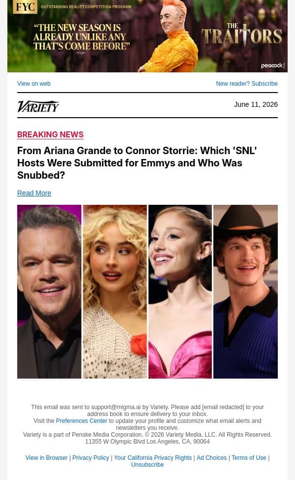 From Ariana Grande to Connor Storrie: Which 'SNL' Hosts Were Submitted for Emmys and Who Was Snubbed? email from Variety screenshot