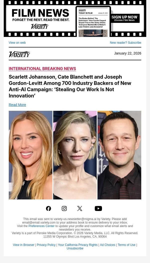 Scarlett Johansson, Cate Blanchett and Joseph Gordon-Levitt Among 700 Industry Backers of New Anti-AI Campaign: ‘Stealing Our Work Is Not Innovation’ email from Variety screenshot