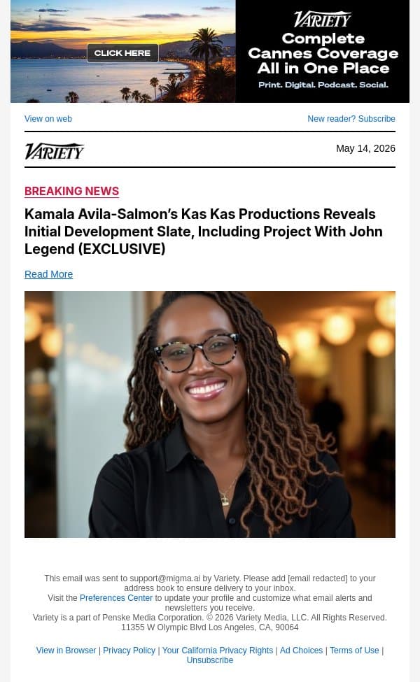 Kamala Avila-Salmon’s Kas Kas Productions Reveals Initial Development Slate, Including Project With John Legend (EXCLUSIVE) email from Variety screenshot