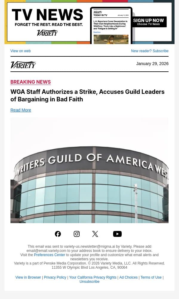 WGA Staff Authorizes a Strike, Accuses Guild Leaders of Bargaining in Bad Faith email from Variety screenshot