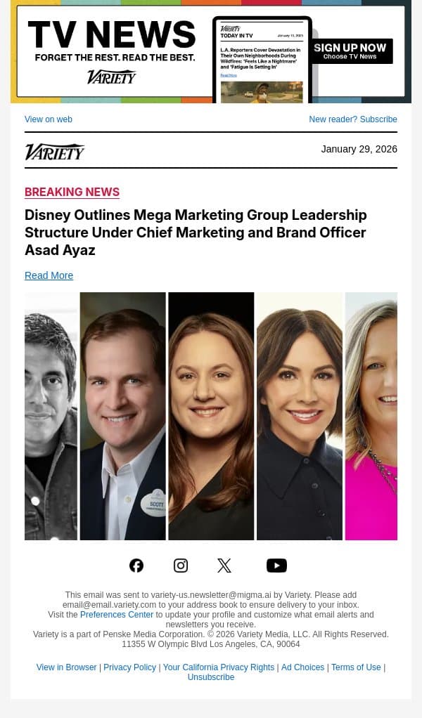 Disney Outlines Mega Marketing Group Leadership Structure Under Chief Marketing and Brand Officer Asad Ayaz email from Variety screenshot