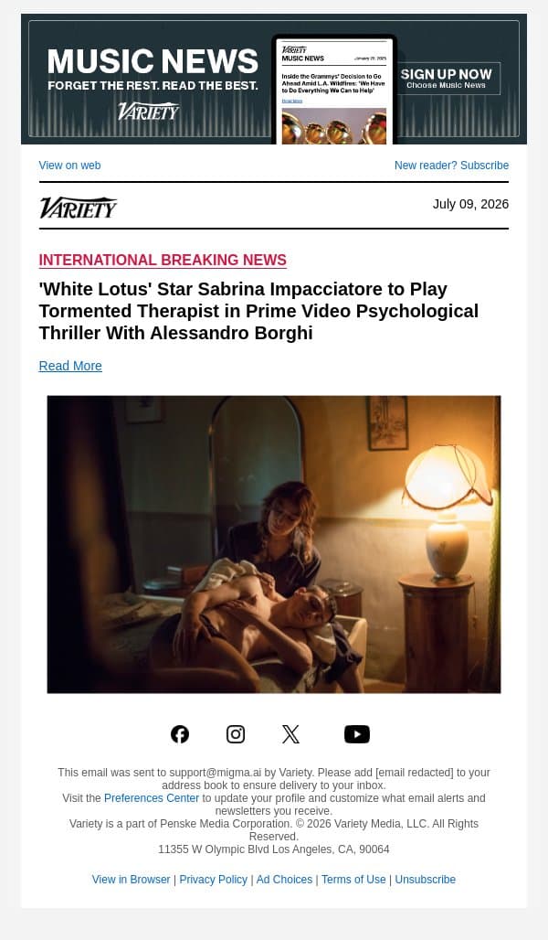 'White Lotus' Star Sabrina Impacciatore to Play Tormented Therapist in Prime Video Psychological Thriller With Alessandro Borghi email from Variety screenshot