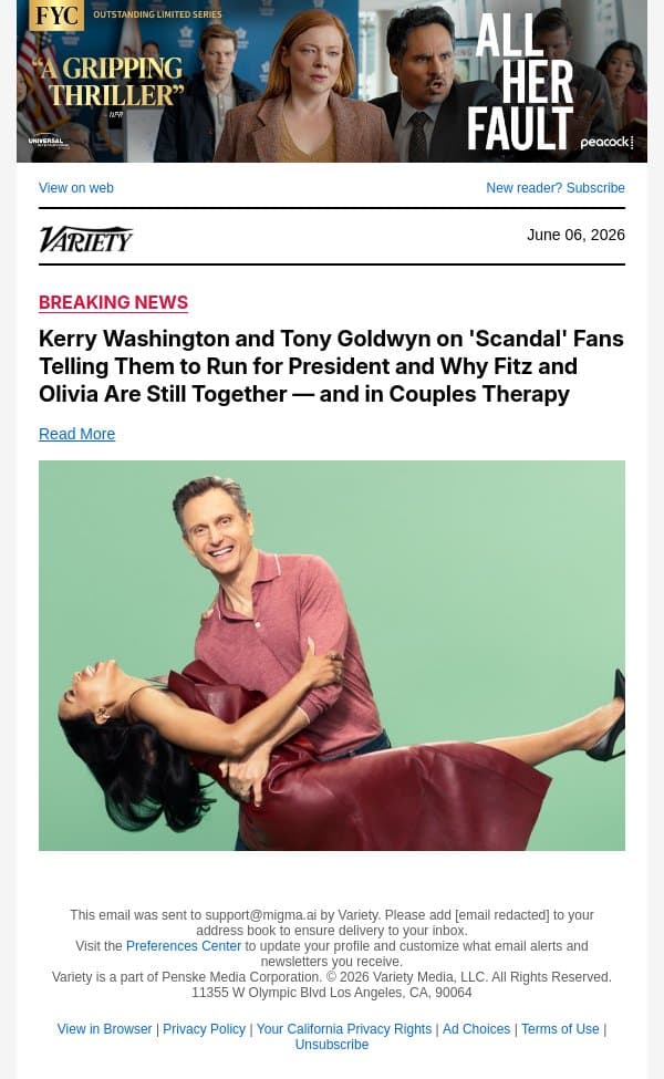 Kerry Washington and Tony Goldwyn on 'Scandal' Fans Telling Them to Run for President and Why Fitz and Olivia Are Still Together — and in Couples Therapy email from Variety screenshot