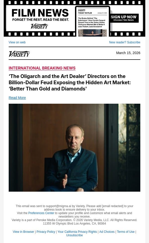 ‘The Oligarch and the Art Dealer’ Directors on the Billion-Dollar Feud Exposing the Hidden Art Market: ‘Better Than Gold and Diamonds' email from Variety screenshot