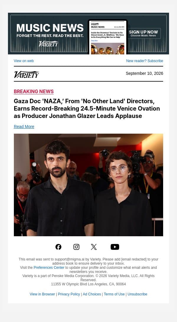 Gaza Doc 'NAZA,’ From 'No Other Land' Directors, Earns Record-Breaking 24.5-Minute Venice Ovation as Producer Jonathan Glazer Leads Applause email from Variety screenshot