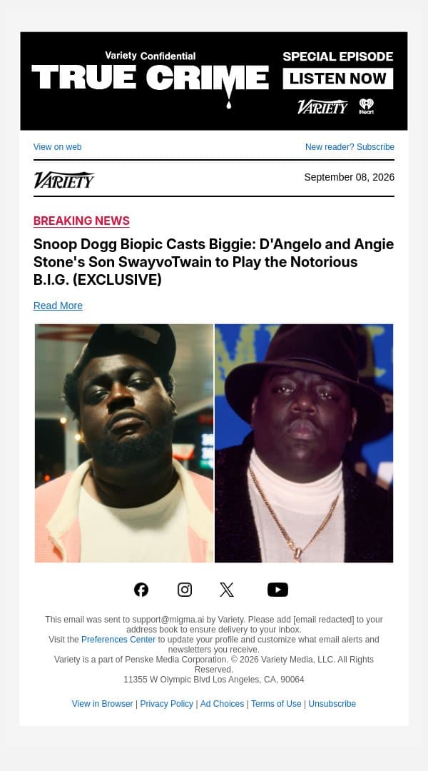 Snoop Dogg Biopic Casts Biggie: D'Angelo and Angie Stone's Son SwayvoTwain to Play the Notorious B.I.G. (EXCLUSIVE) email from Variety screenshot
