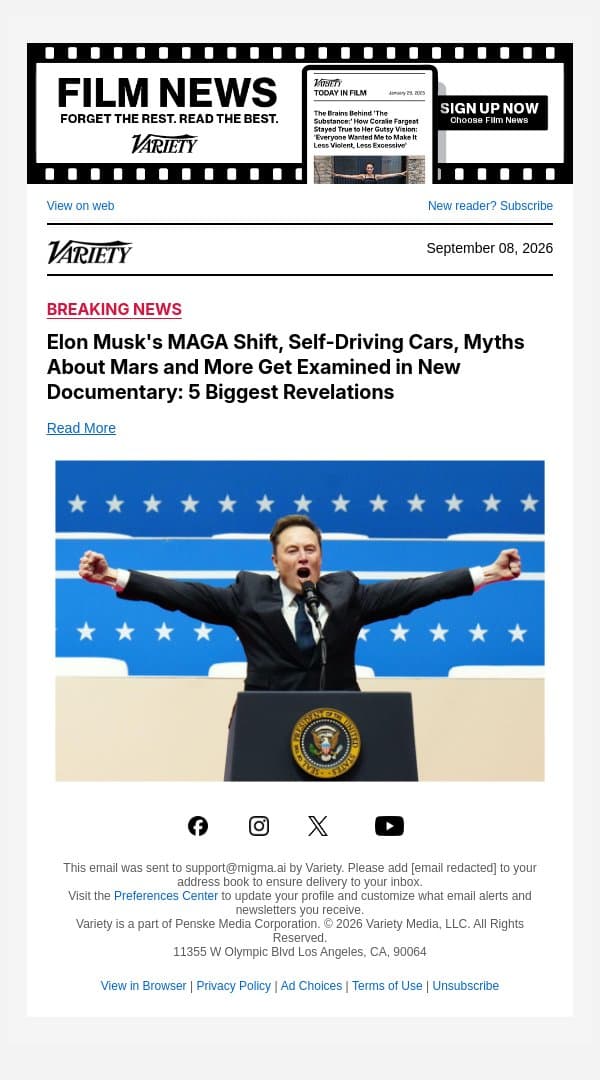 Elon Musk's MAGA Shift, Self-Driving Cars, Myths About Mars and More Get Examined in New Documentary: 5 Biggest Revelations email from Variety screenshot