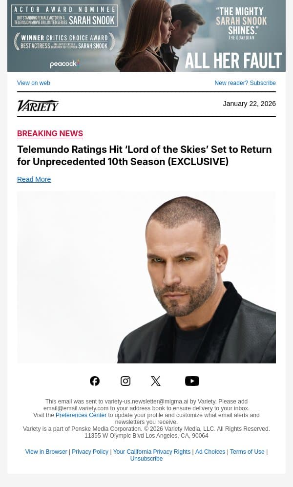 Telemundo Ratings Hit ‘Lord of the Skies’ Set to Return for Unprecedented 10th Season (EXCLUSIVE) email from Variety screenshot