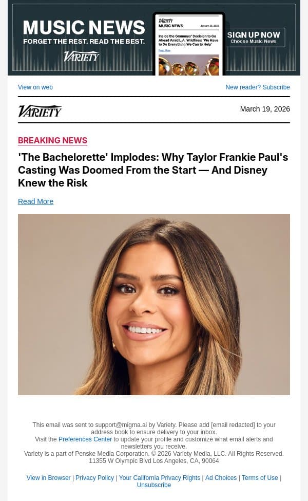'The Bachelorette' Implodes: Why Taylor Frankie Paul's Casting Was Doomed From the Start — And Disney Knew the Risk email from Variety screenshot