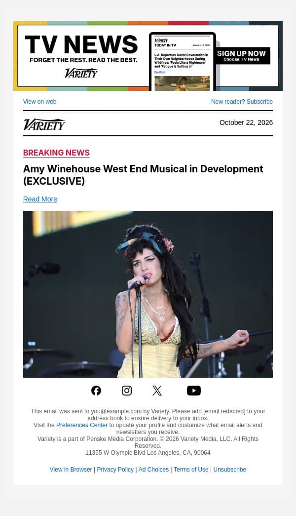 Amy Winehouse West End Musical in Development (EXCLUSIVE) email from Variety screenshot