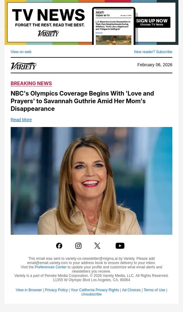 NBC's Olympics Coverage Begins With 'Love and Prayers' to Savannah Guthrie Amid Her Mom's Disappearance email from Variety screenshot