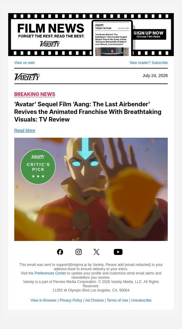 ‘Avatar’ Sequel Film ‘Aang: The Last Airbender’ Revives the Animated Franchise With Breathtaking Visuals: TV Review email from Variety screenshot