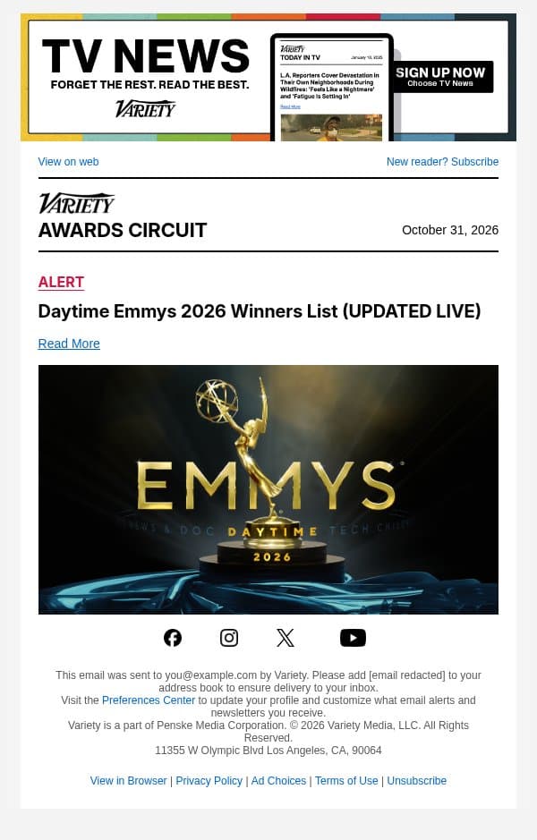 Daytime Emmys 2026 Winners List (UPDATED LIVE) email from Variety screenshot