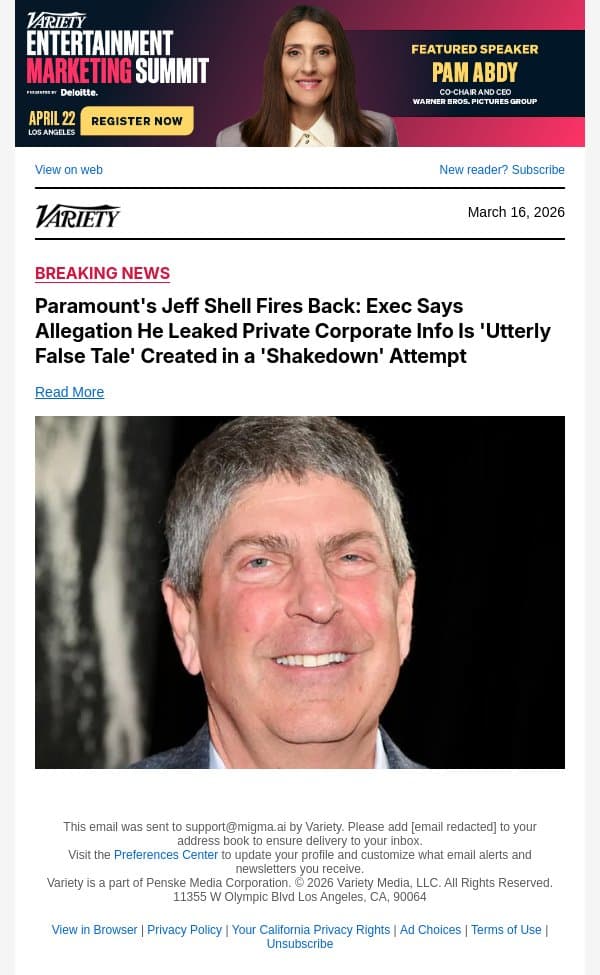 Paramount's Jeff Shell Fires Back: Exec Says Allegation He Leaked Private Corporate Info Is 'Utterly False Tale' Created in a 'Shakedown' Attempt email from Variety screenshot