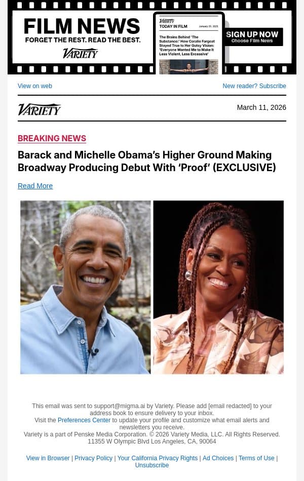 Barack and Michelle Obama’s Higher Ground Making Broadway Producing Debut With ‘Proof’ (EXCLUSIVE) email from Variety screenshot