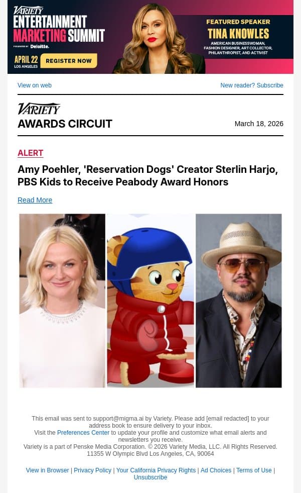 Amy Poehler, 'Reservation Dogs' Creator Sterlin Harjo, PBS Kids to Receive Peabody Award Honors email from Variety screenshot