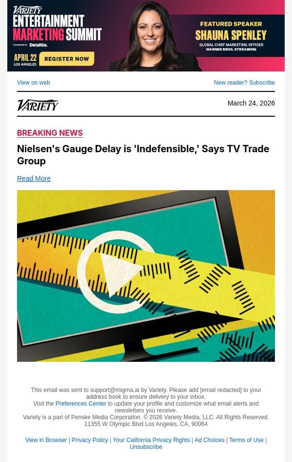 Nielsen's Gauge Delay is 'Indefensible,' Says TV Trade Group email from Variety screenshot